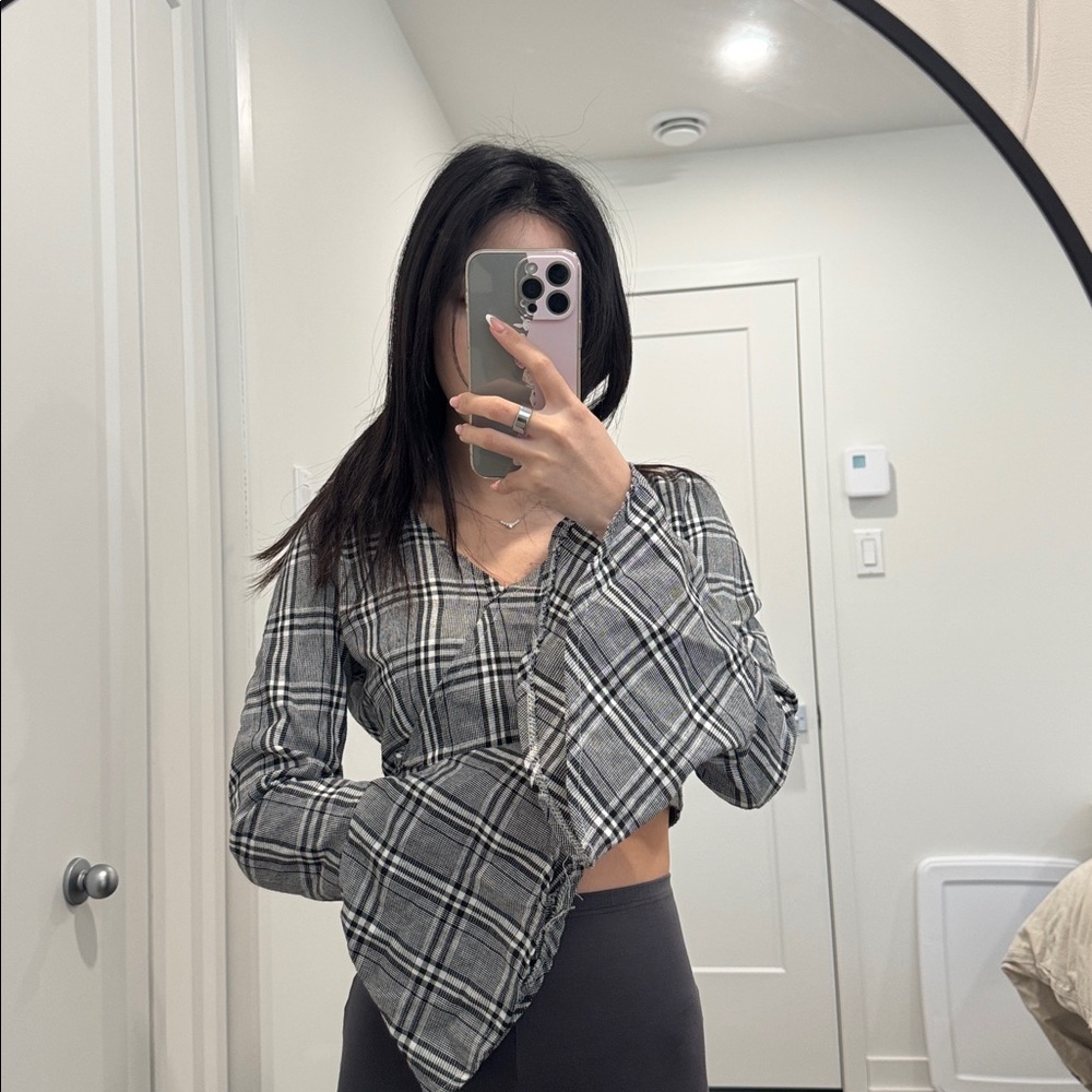 Plaid Wrap Top Bell Sleeves